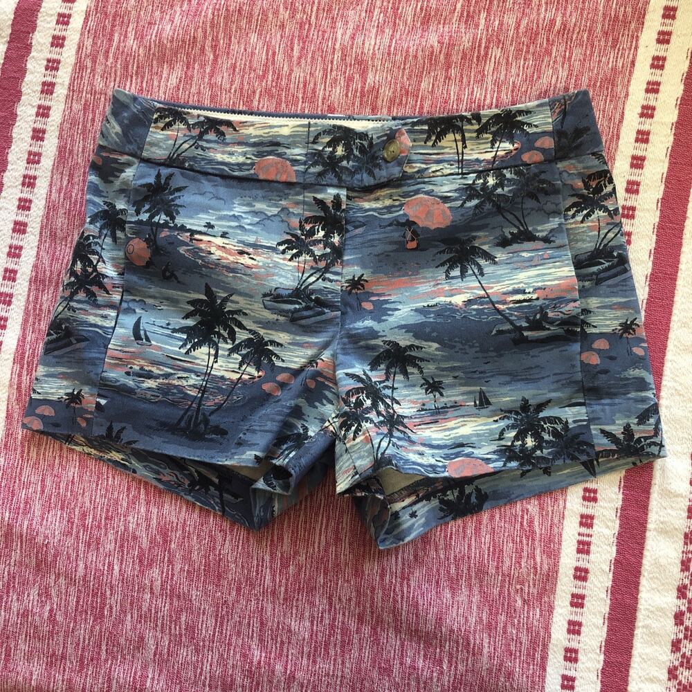 J CREW Cotton Shorts Size 00 Turquoise Pink White Tropical Print Pockets